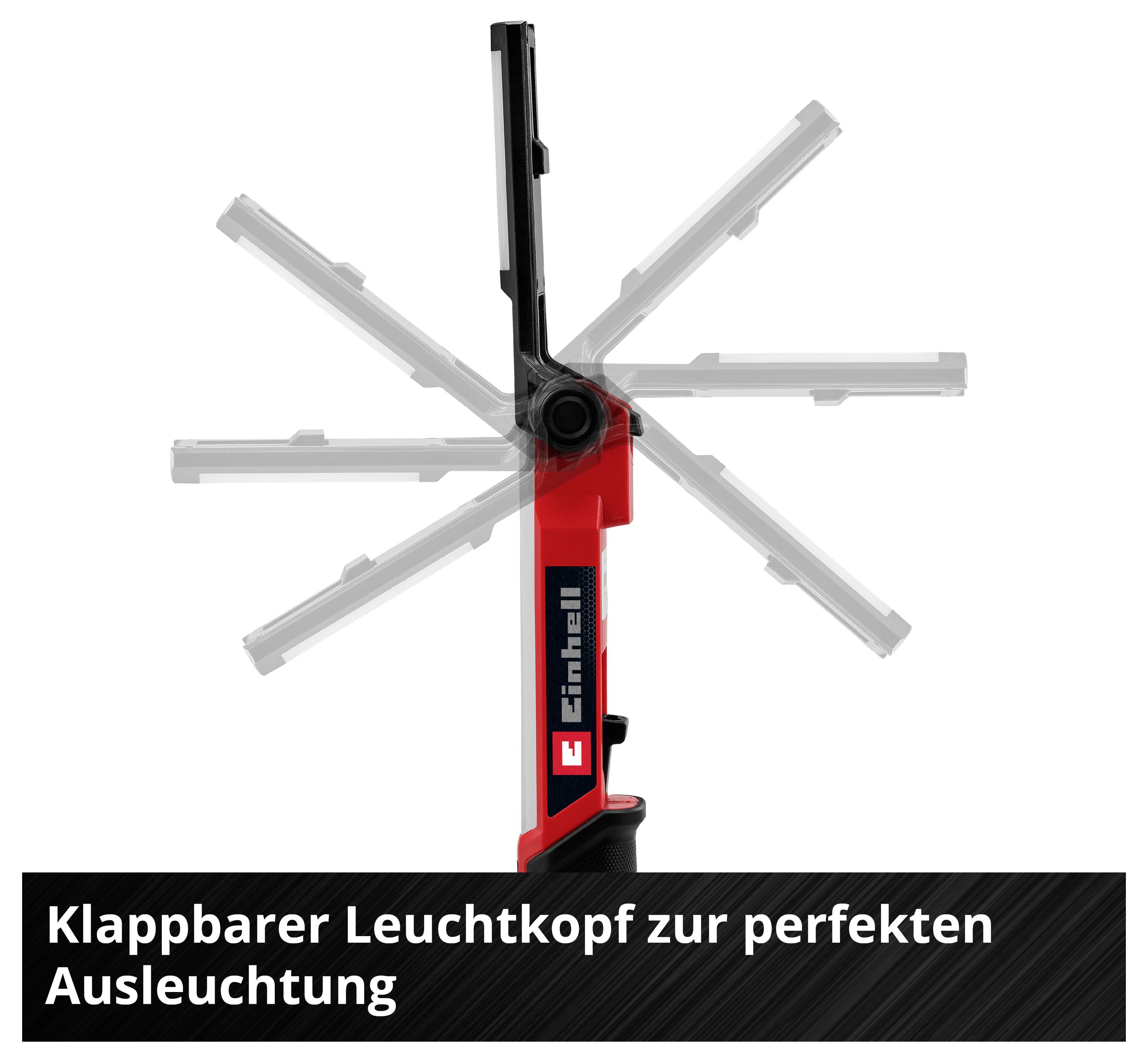 'Klappbarer Leuchtkopf zur perfekten Ausleuchtung' zeigt eine Lampe mit verstellbarem Kopf, die flexibel für optimale Beleuchtung positioniert werden kann.