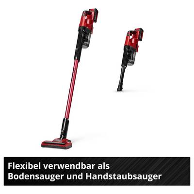 Akkustaubsauger mit langem Stiel und als Handstaubsauger gezeigt; Text: 'Flexibel verwendbar als Bodensauger und Handstaubsauger'.
