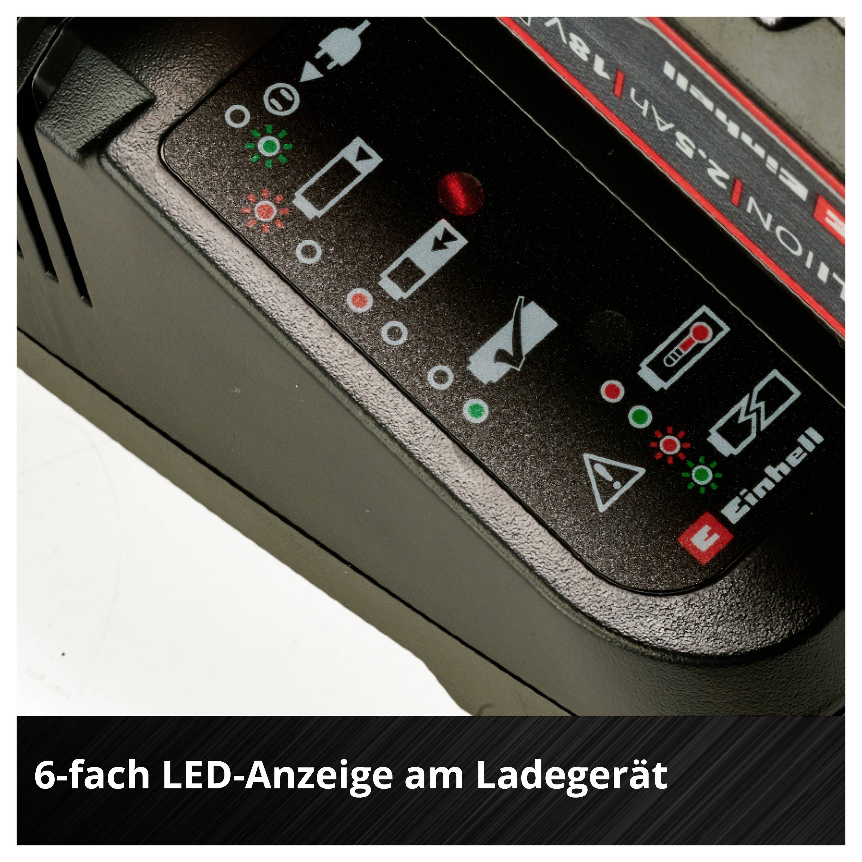 'Einhell Ladegerät mit 6-fach LED-Anzeige zur Statusanzeige: voll, leer, Ladestatus und Warnleuchten.'