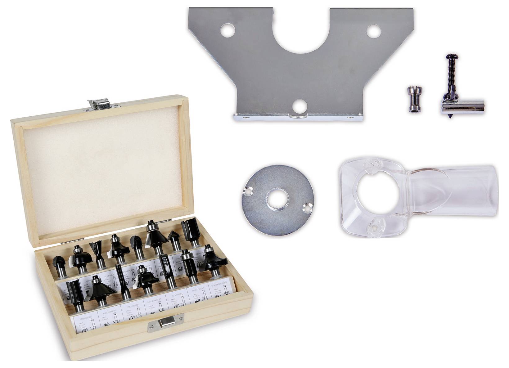 Holzbearbeitungs-Fräsermesser-Set und Zubehör, einschließlich verschiedener Fräser in einer Holzbox, Metallplatte und durchsichtiger Kunststoffschutzhaube, auf weißem Hintergrund angeordnet.