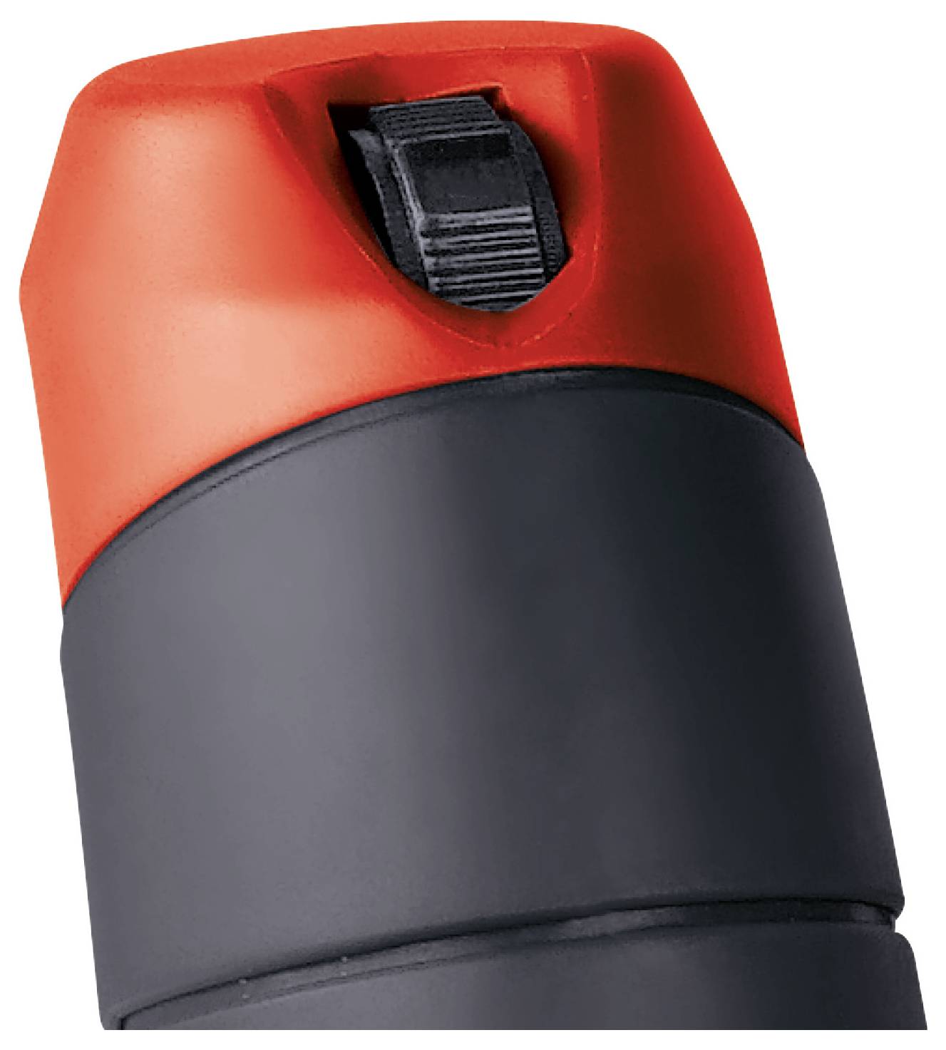 Ein Nahaufnahme einer schwarzen und roten Sprühdose mit einer Düse an der Oberseite, die einen schwarzen Schalter aufweist.