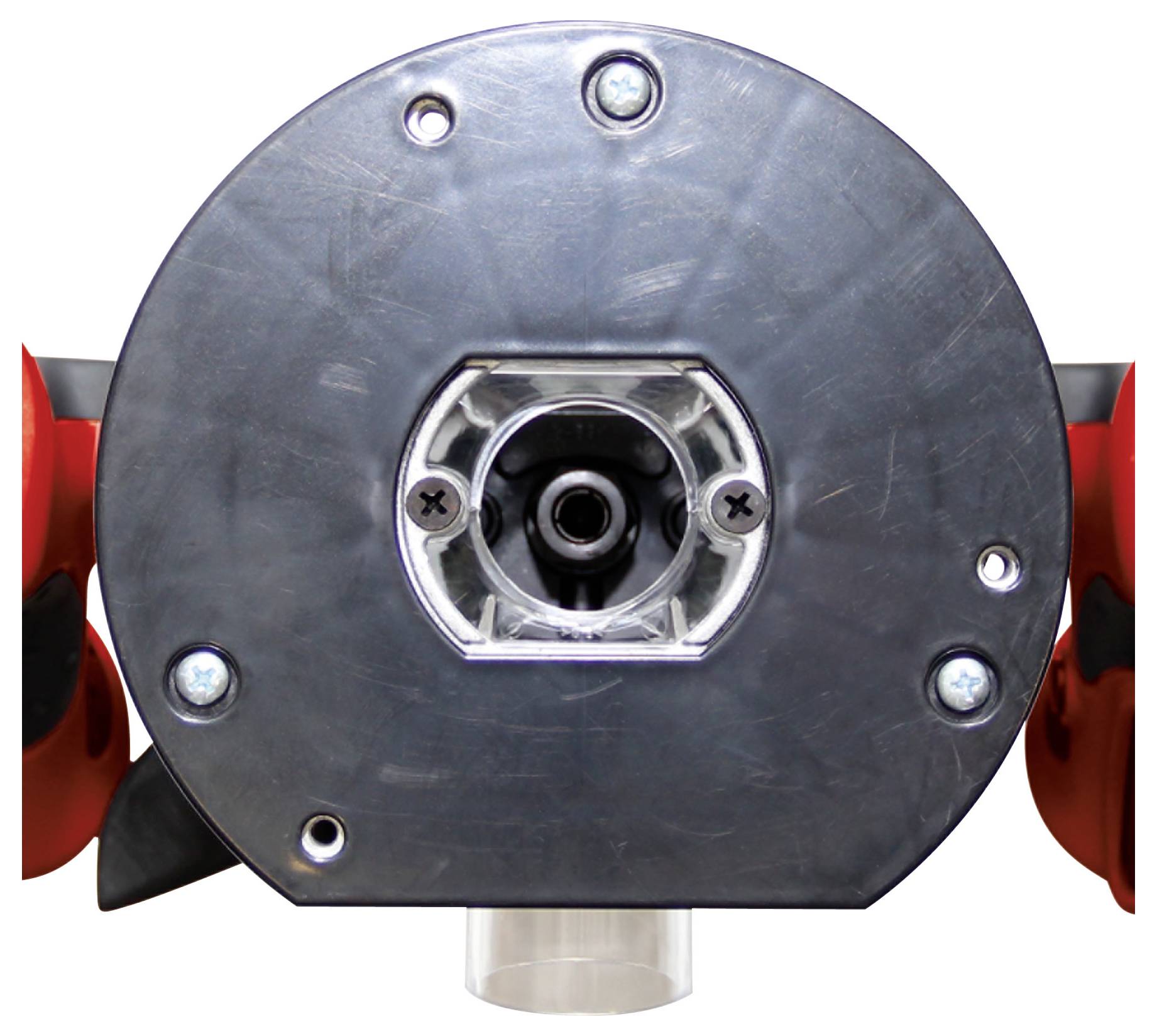 Nahaufnahme einer kreisförmigen industriellen Komponente mit Schrauben und einer zentralen Öffnung, umgeben von roten Griffen auf beiden Seiten.