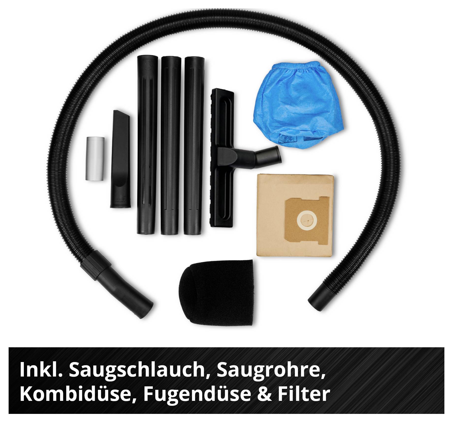 Inhalt des Staubsaugerzubehörs: Saugschlauch, Saugrohre, Kombidüse, Fugendüse, Filter und Staubsaugerbeutel.