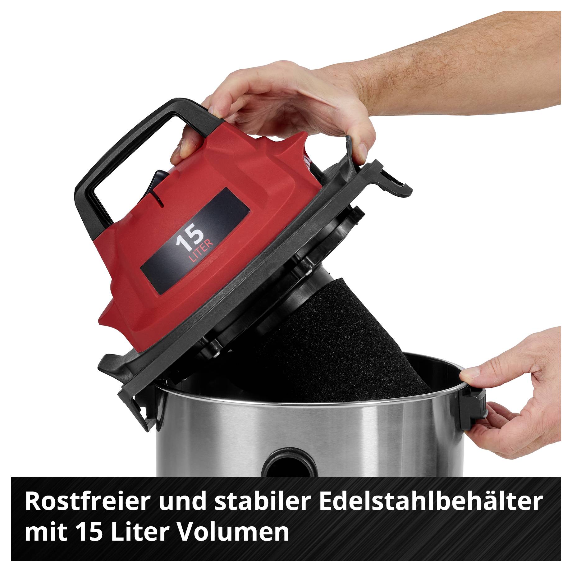 'Rostfreier und stabiler Edelstahlbehälter mit 15 Liter Volumen. Eine Person öffnet den Deckel des Behälters und zeigt das Innere.'