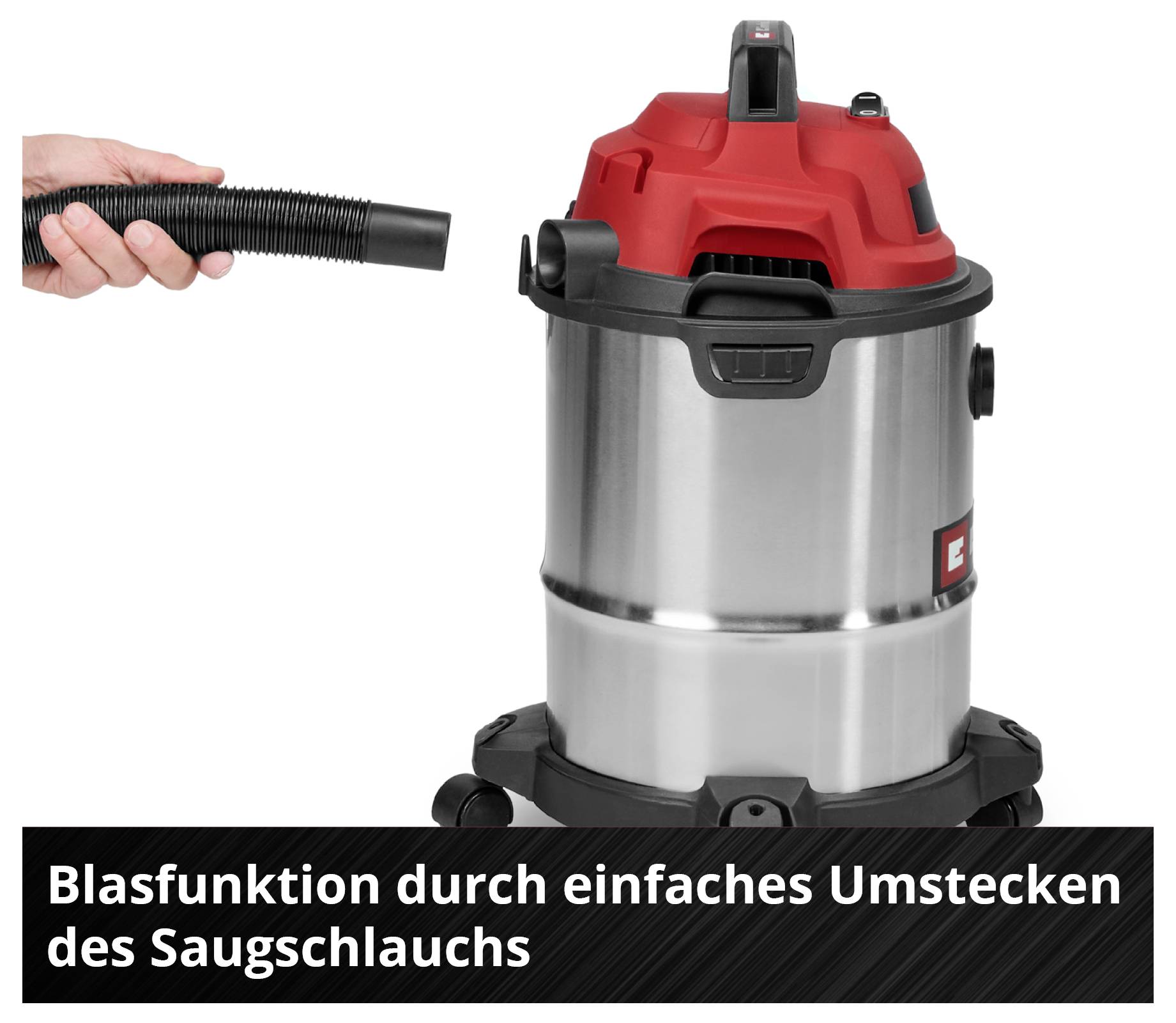 'Staubsauger mit rot-schwarzem Design. Hand hält Saugschlauch. Text: Blasfunktion durch einfaches Umstecken des Saugschlauchs.'