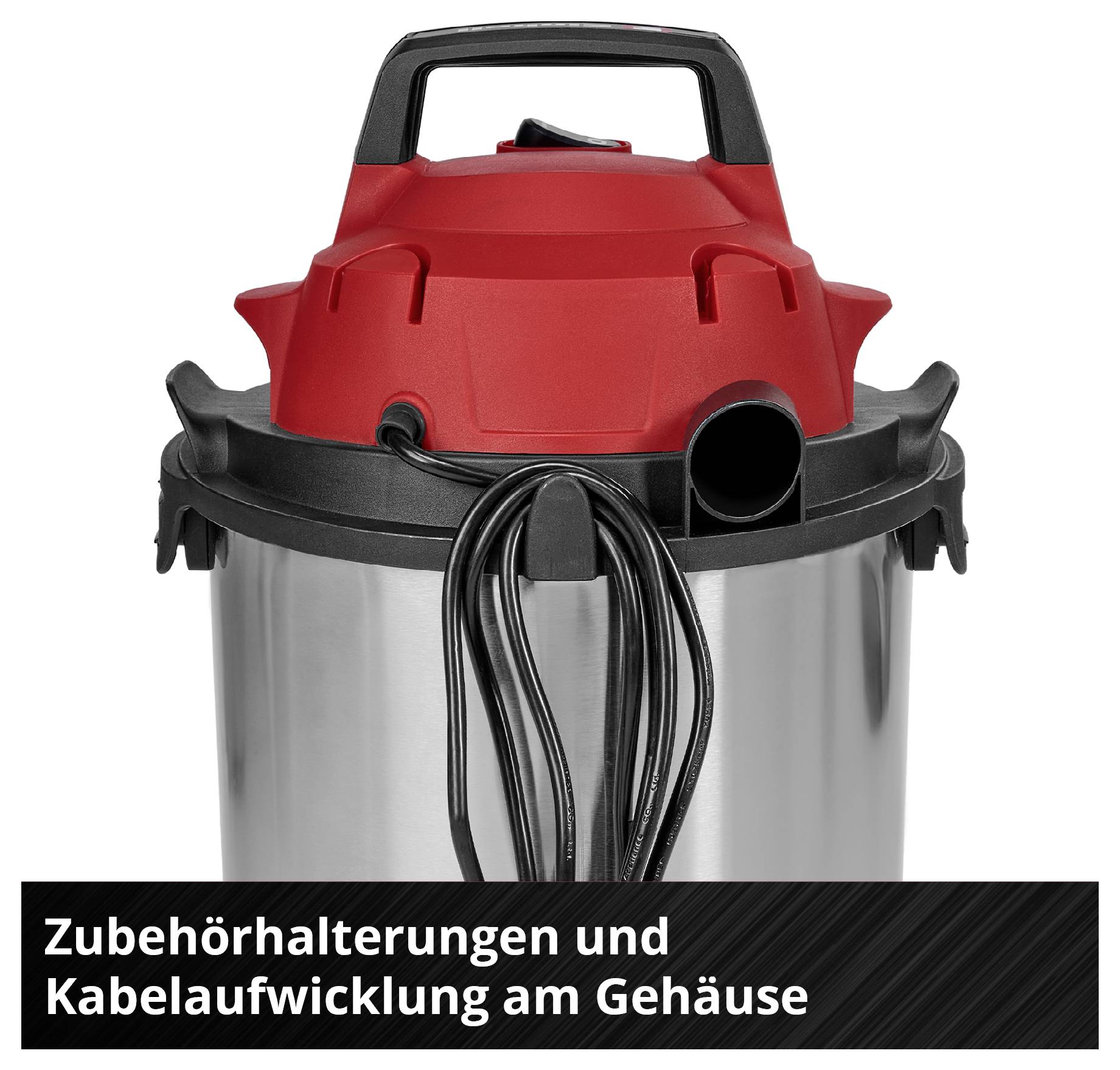 'Nass-Trockensauger mit Zubehörhalterungen und Kabelaufwicklung am Gehäuse, roter Deckel, silberne Trommel.'