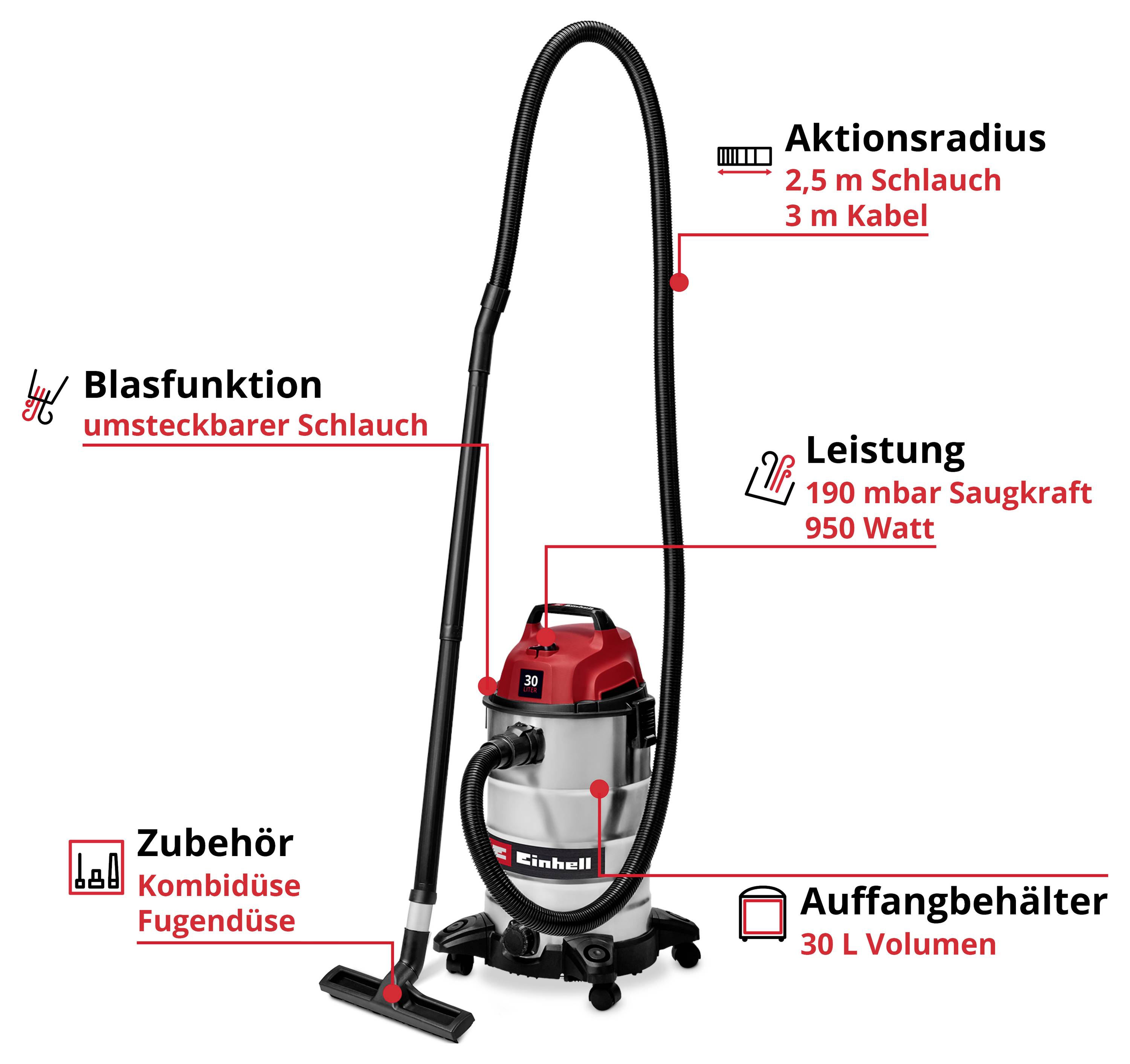 'Einhell Staubsauger mit Blasfunktion, Aktionsradius 2,5 m Schlauch + 3 m Kabel, Leistung 190 mbar Saugkraft, 950 Watt, 30 L Behälter.'