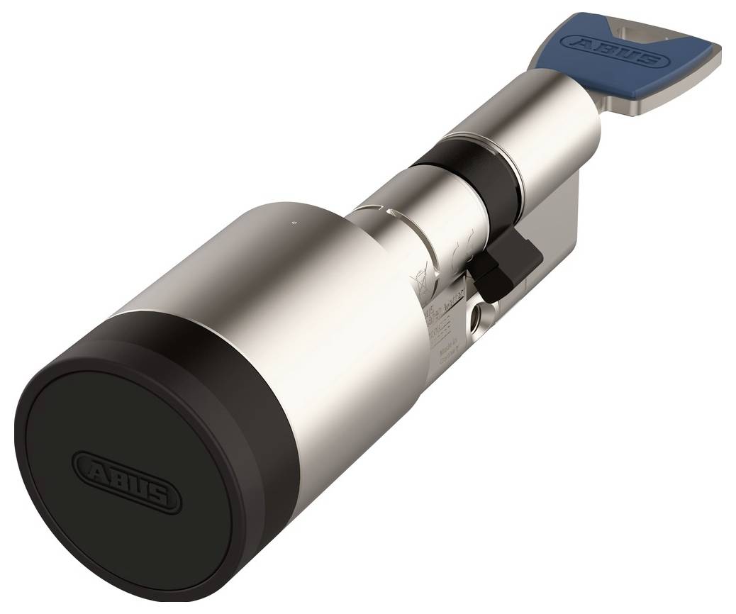 Ein silberner und schwarzer Smart-Lock mit einem eingelegten Schlüssel, der ein modernes Design präsentiert.