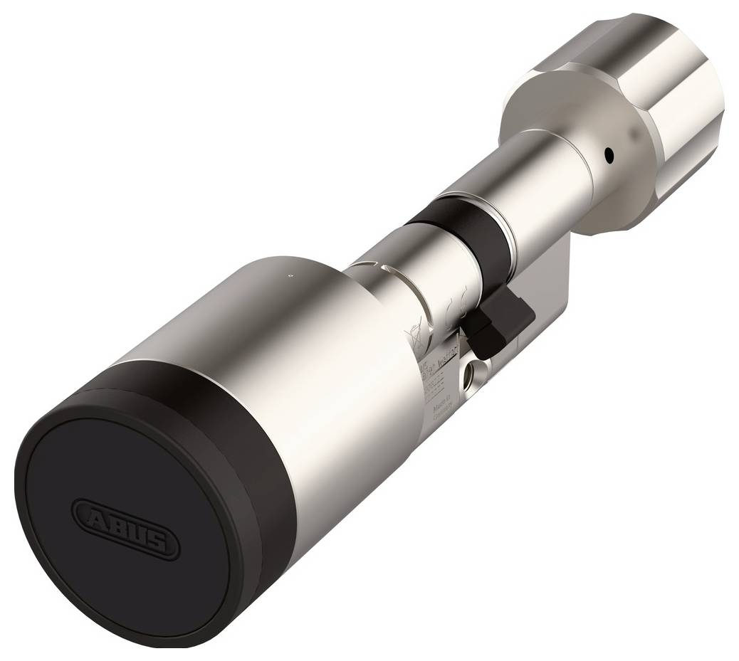 Ein metallischer zylindrischer Türzylinder mit einer schwarzen Kappe und Markierung, entwickelt für sichere Verschlussmechanismen.
