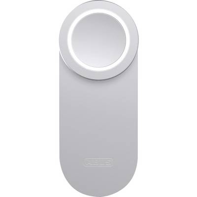 Ein weißes ABUS-Gerät mit einer großen zentralen Scheibe und geprägtem Logo, vermutlich ein Smart-Home-Zubehör wie eine Komponente eines Sicherheitsschlosses.