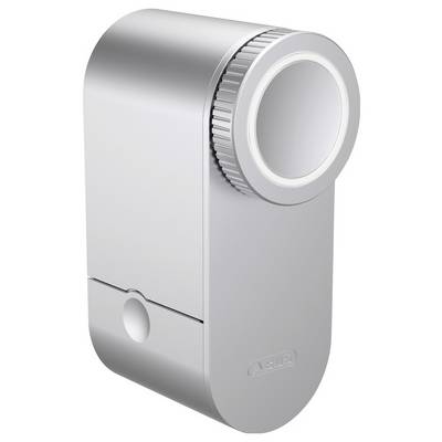 Ein silberner, zylindrischer Smart-Lock mit glatter, moderner Gestaltung. Der Markenname ist am unteren Teil des Geräts eingraviert.