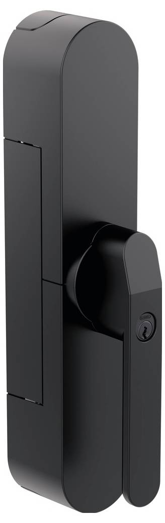 Ein schlankes, schwarzes modernes Türschloss mit Schlüsselloch und Hebelgriff, das ein minimalistisches Design zeigt.
