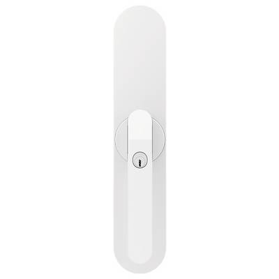 Ein schlanker, moderner weißer Türgriff mit integriertem Schlüsselloch in der Mitte, vor einem schlichten Hintergrund.