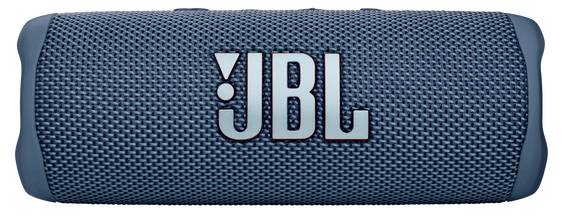 Ein blauer tragbarer Bluetooth-Lautsprecher mit strukturiertem Stoff und dem "JBL"-Logo auf der Vorderseite.