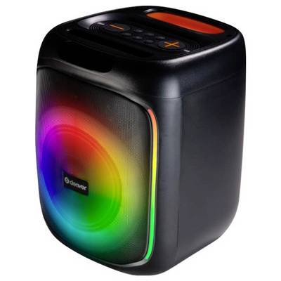 Ein schwarzer Bluetooth-Lautsprecher mit einem nach vorne gerichteten, kreisförmigen LED-Display, das Regenbogenfarben zeigt. Tasten und Lautstärkeregler befinden sich auf der Oberseite.