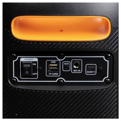 Rückseite eines Lautsprechers mit orangefarbenem Griff. Enthält Netzschalter, USB-Anschluss, TF-Kartensteckplatz, AUX-Eingang, Mikrofonanschluss und DC-5V-Buchse.
