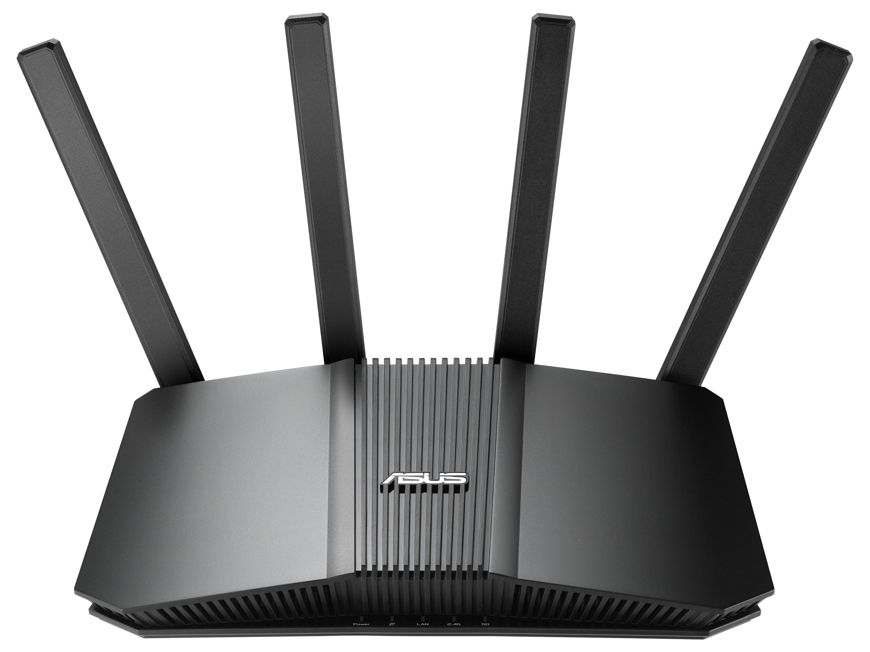 Schwarzer WLAN-Router mit vier externen Antennen und ASUS-Logo auf der Vorderseite.