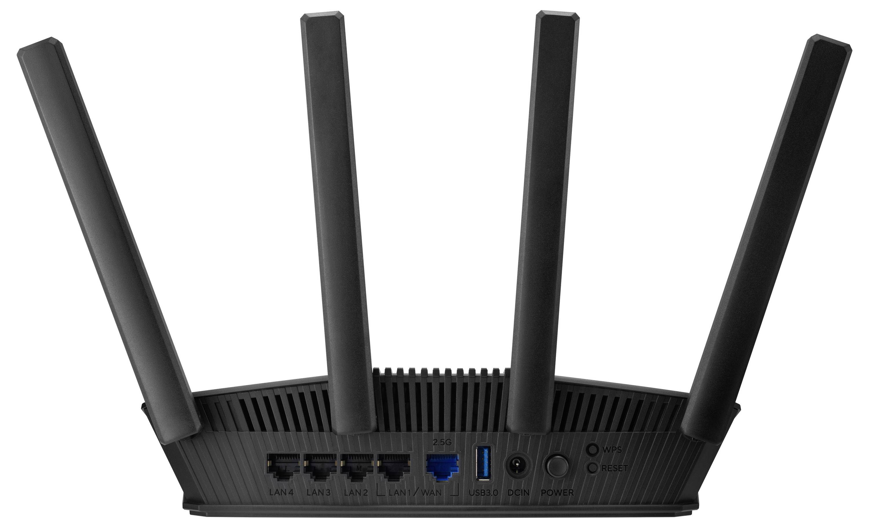 Ein schwarzer WLAN-Router mit vier Antennen; Rückansicht zeigt Anschlüsse für LAN, WAN, USB und Stromversorgung, die Konnektivitätsoptionen andeuten.