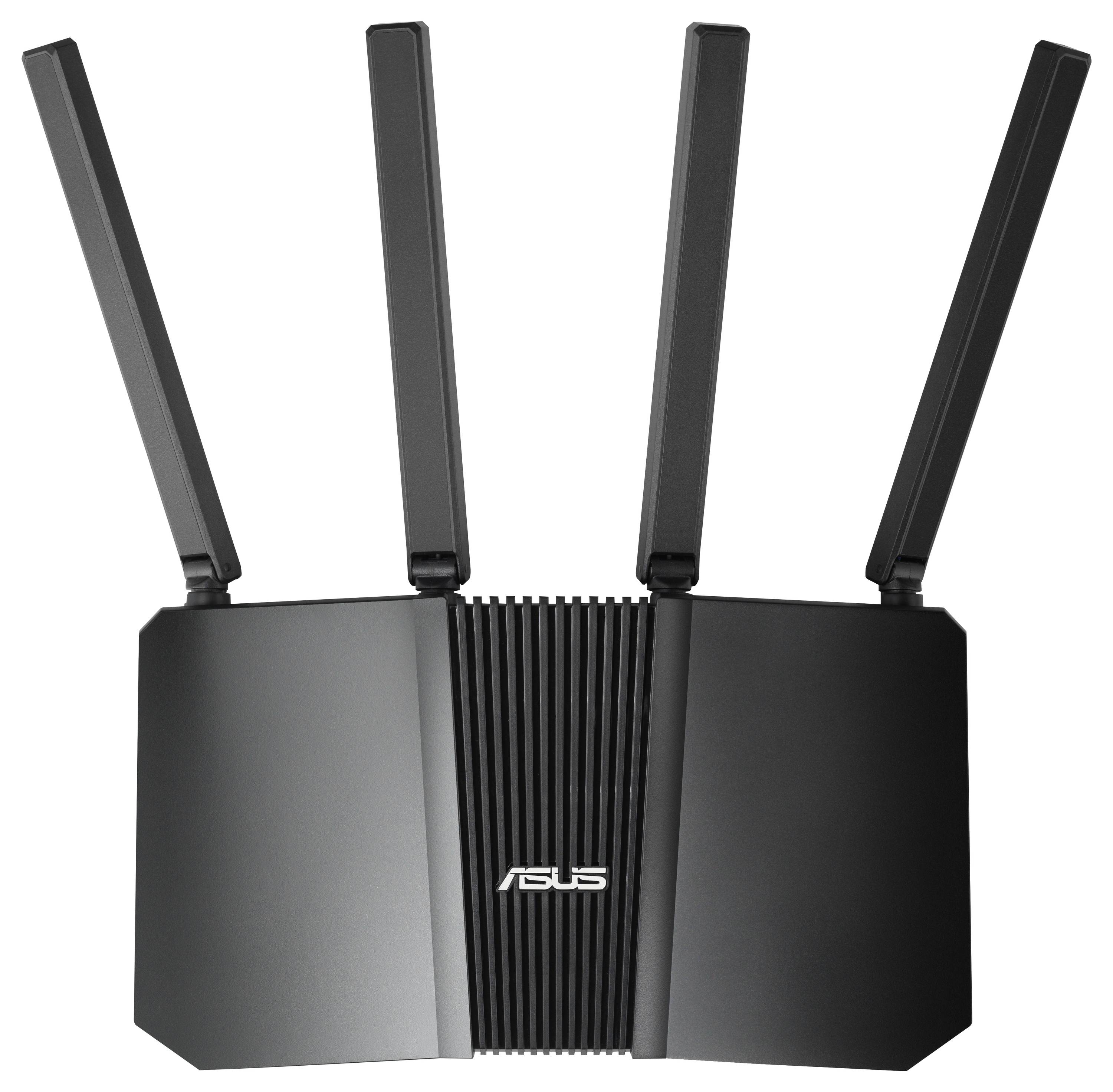 Ein schwarzer WLAN-Router mit vier Antennen, die in einer 'M'-Form angeordnet sind, und einem Logo auf der Vorderseite.