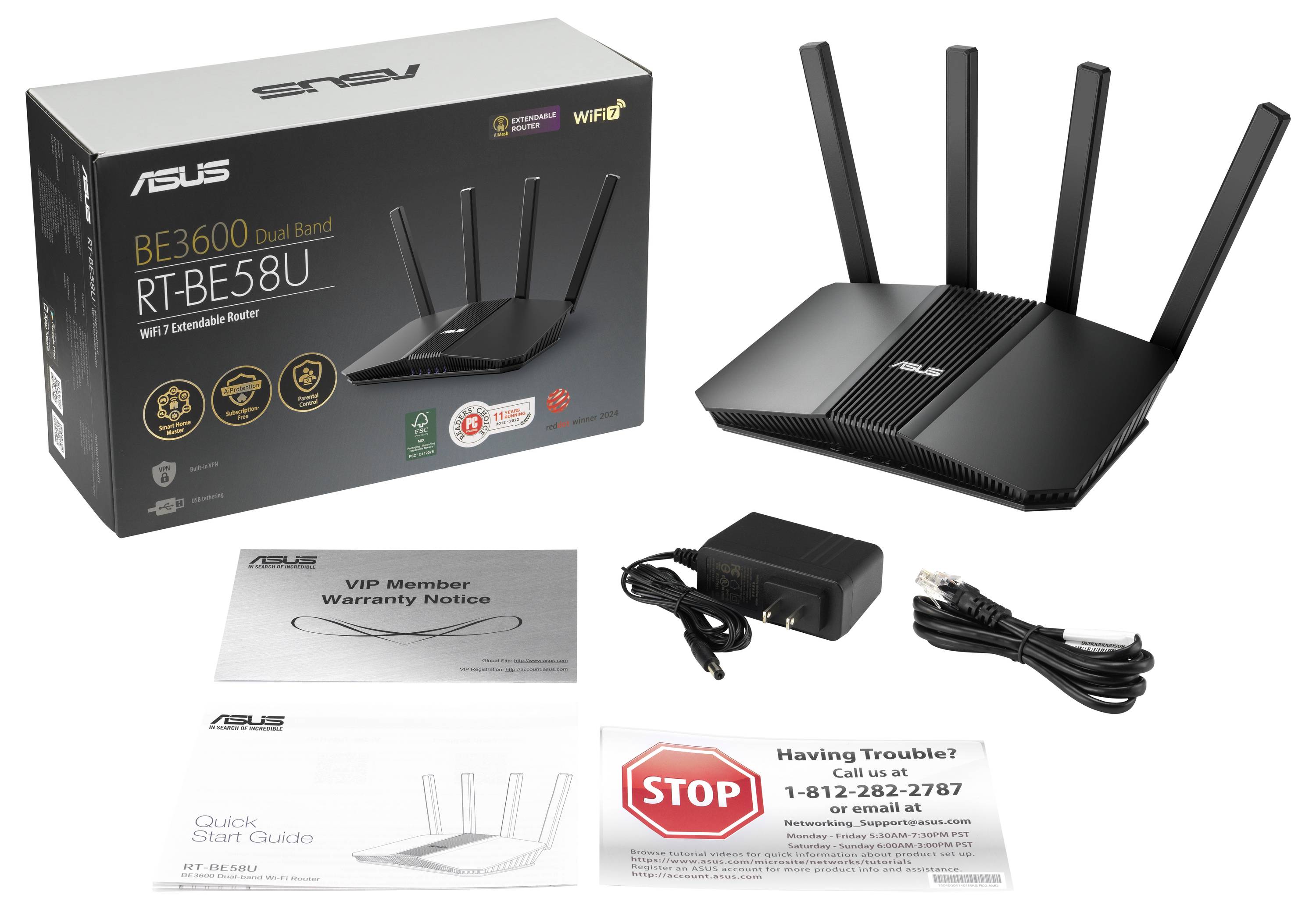 ASUS Dual-Band-WLAN-Router (Modell RT-BE58U) mit Verpackung, Netzteil, Ethernet-Kabel und Bedienungsanleitungen.