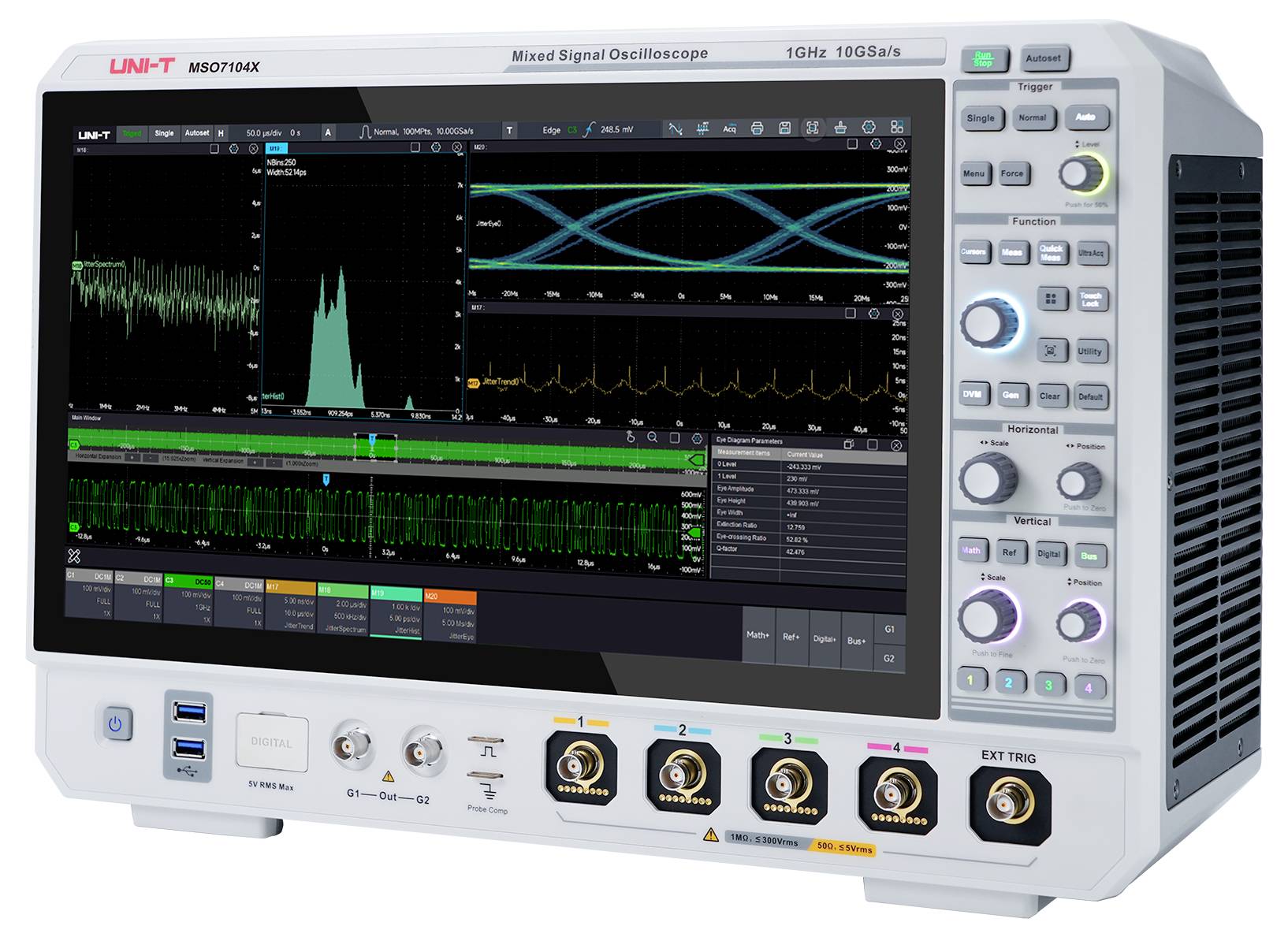Oszilloskop, das Wellenformen auf dem Bildschirm anzeigt, mit Steuerungstasten und Drehreglern. Wird zur Analyse elektronischer Signale in Testumgebungen verwendet.