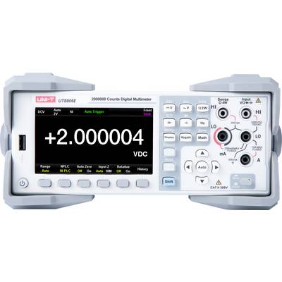 'UNI-T UT8806E Digitales Multimeter', das '+2.000004 VDC' auf dem Bildschirm anzeigt. Zu den Funktionen gehören verschiedene Modustasten und Eingangsklemmen.