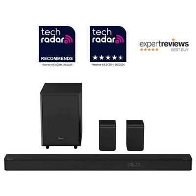 Hisense AX5125H Heimkinosystem mit Soundbar, Subwoofer und zwei Lautsprechern. Ausgezeichnet von techradar und expertreviews für Exzellenz.