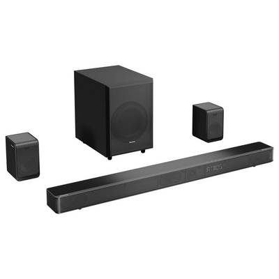 Ein schwarzes Soundbar-System mit einem großen Subwoofer und zwei kleinen Satellitenlautsprechern, geeignet für eine Heimkinoanlage.