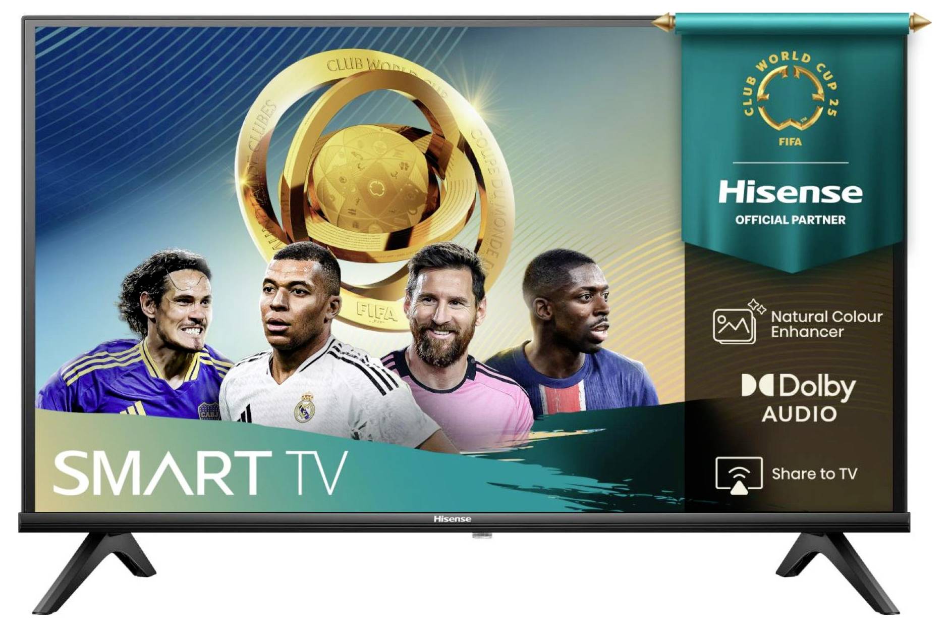 Ein SMART TV zeigt vier Fußballspieler mit einer FIFA-Klub-Weltmeisterschafts-Trophäe im Hintergrund. Das Banner liest sich: "Hisense Offizieller Partner."