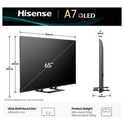 'Hisense A7 QLED TV, 65 Zoll, Abmessungen: Breite 1446 mm, Höhe 836 mm, Tiefe 76 mm. VESA-Halterungsgröße 400x400 mm. Produktgewicht: 19,2 kg.'