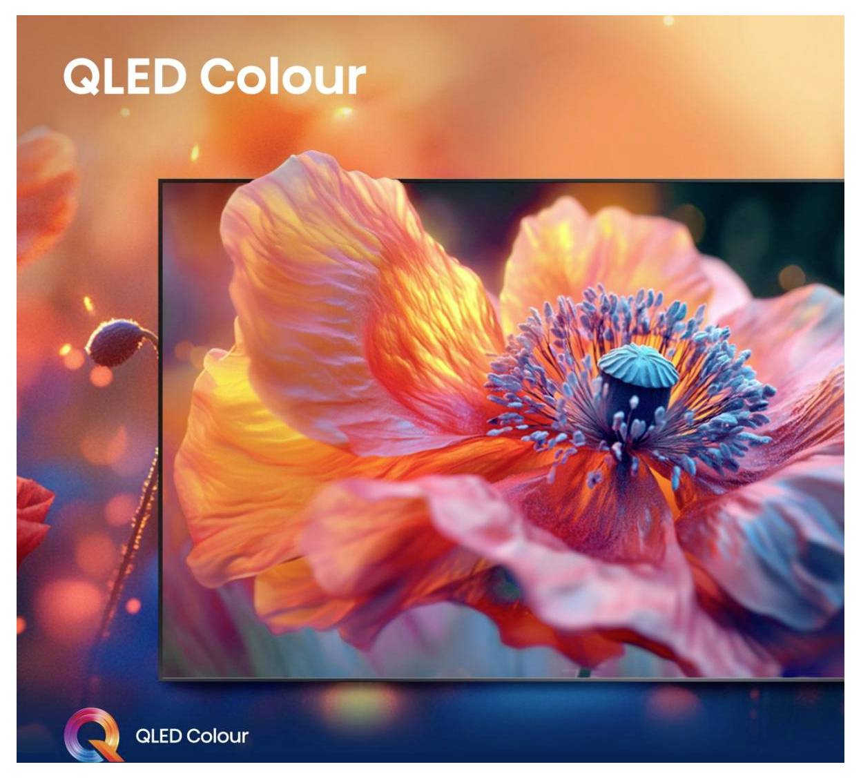 Ein lebendiges, nahes Bild einer orangefarbenen Blume mit komplexen Details auf einer QLED-TV-Anzeige, die verbesserte Farbmerkmale präsentiert.