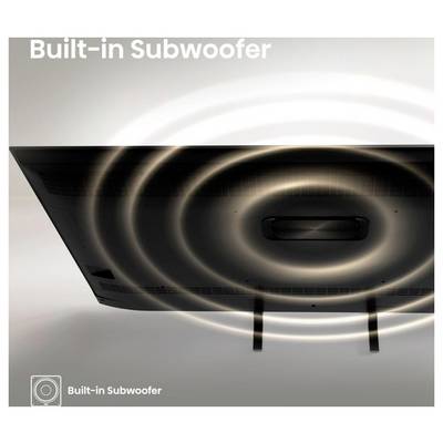 Eingebauter Subwoofer mit Schallwellen, die von der integrierten Lautsprecher unter dem Fernseher ausgehen.