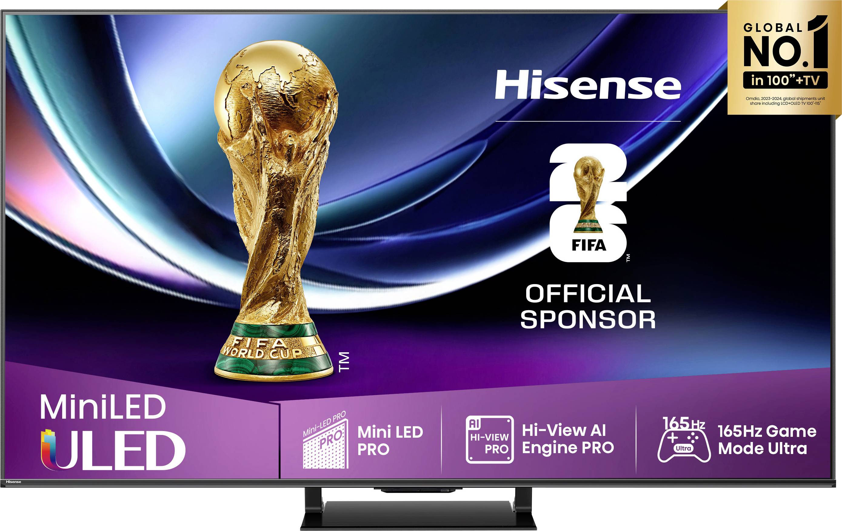 Ein Hisense-Fernsehgerät, das ein Bild der FIFA-Weltpokaltrophäe zeigt, mit dem Text "Offizieller Sponsor" und Funktionen wie Mini LED ULED und AI Engine Pro.