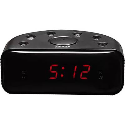 Eine schwarze digitale Wecker, der die Zeit '5:12' in roten Ziffern anzeigt, mit Tasten oben für verschiedene Funktionen.