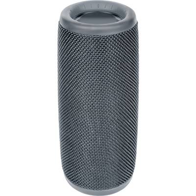 Ein zylindrischer, tragbarer Bluetooth-Lautsprecher in Dunkelgrau mit einer Meshoberfläche und gummierten Ober- und Unterseiten, der ein schlankes, modernes Design präsentiert.