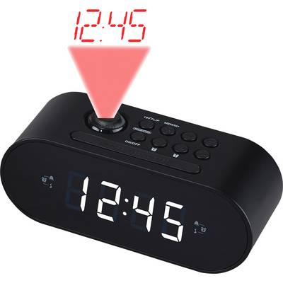 Eine digitale Uhr zeigt '12:45' auf ihrem Display und projiziert die gleiche Zeit nach oben in rotem Licht.