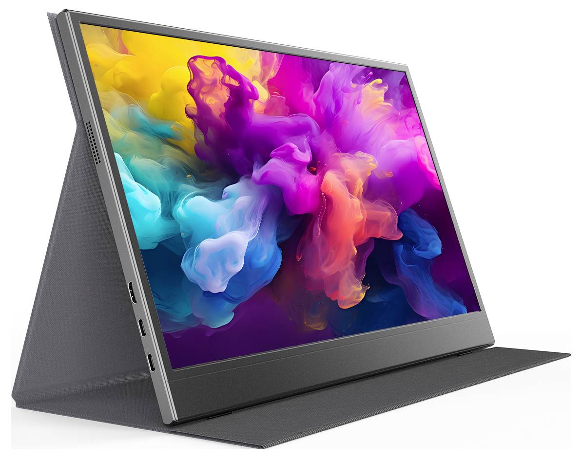 Ein digitaler Monitor zeigt ein farbenfrohes abstraktes Design mit lebhaften wirbelnden Mustern in rosa, lila, gelben und blauen Tönen.