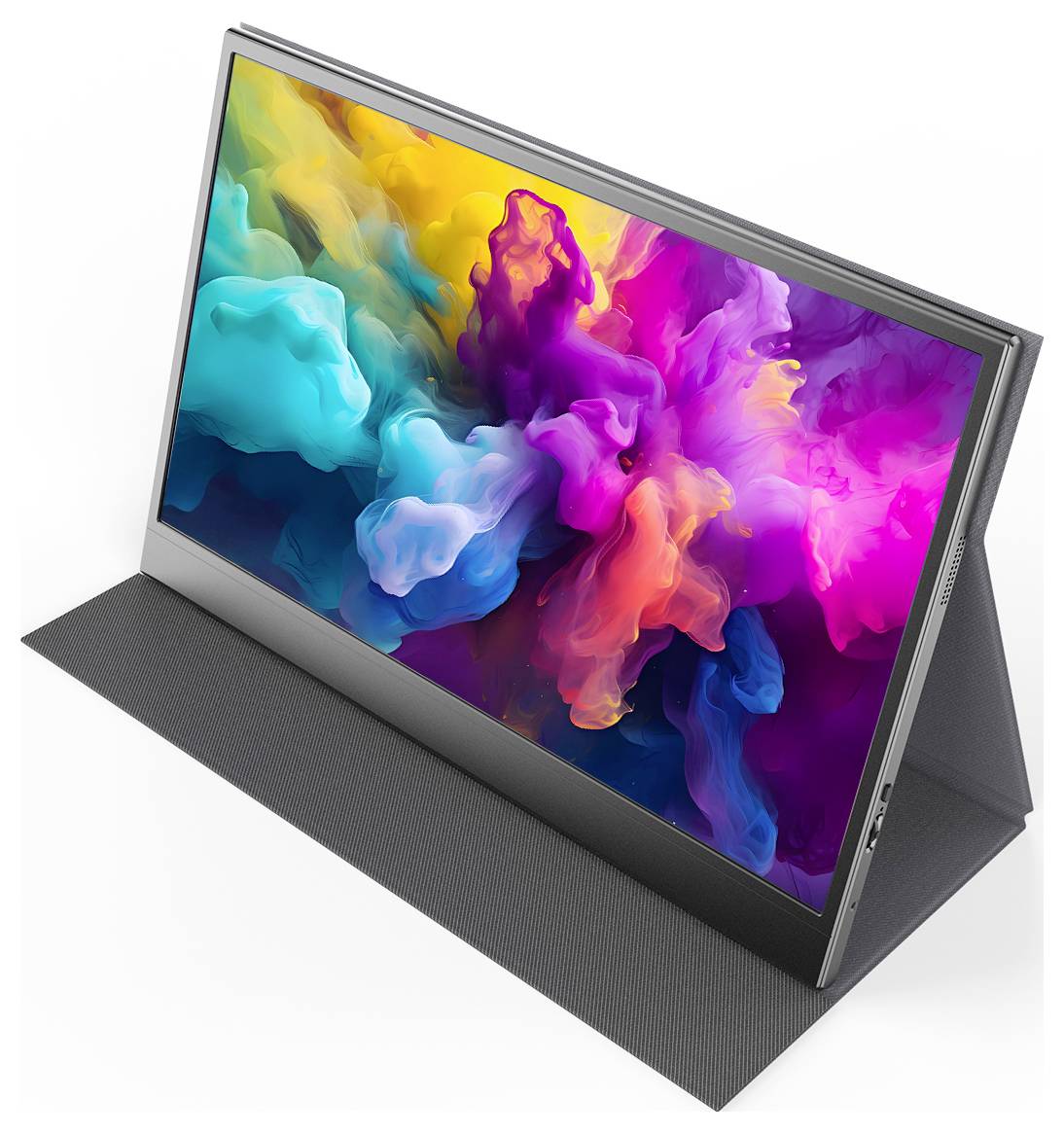 Ein schlanker, moderner Monitor, der ein lebendiges, farbenfrohes abstraktes Design zeigt, auf einem Ständer positioniert.