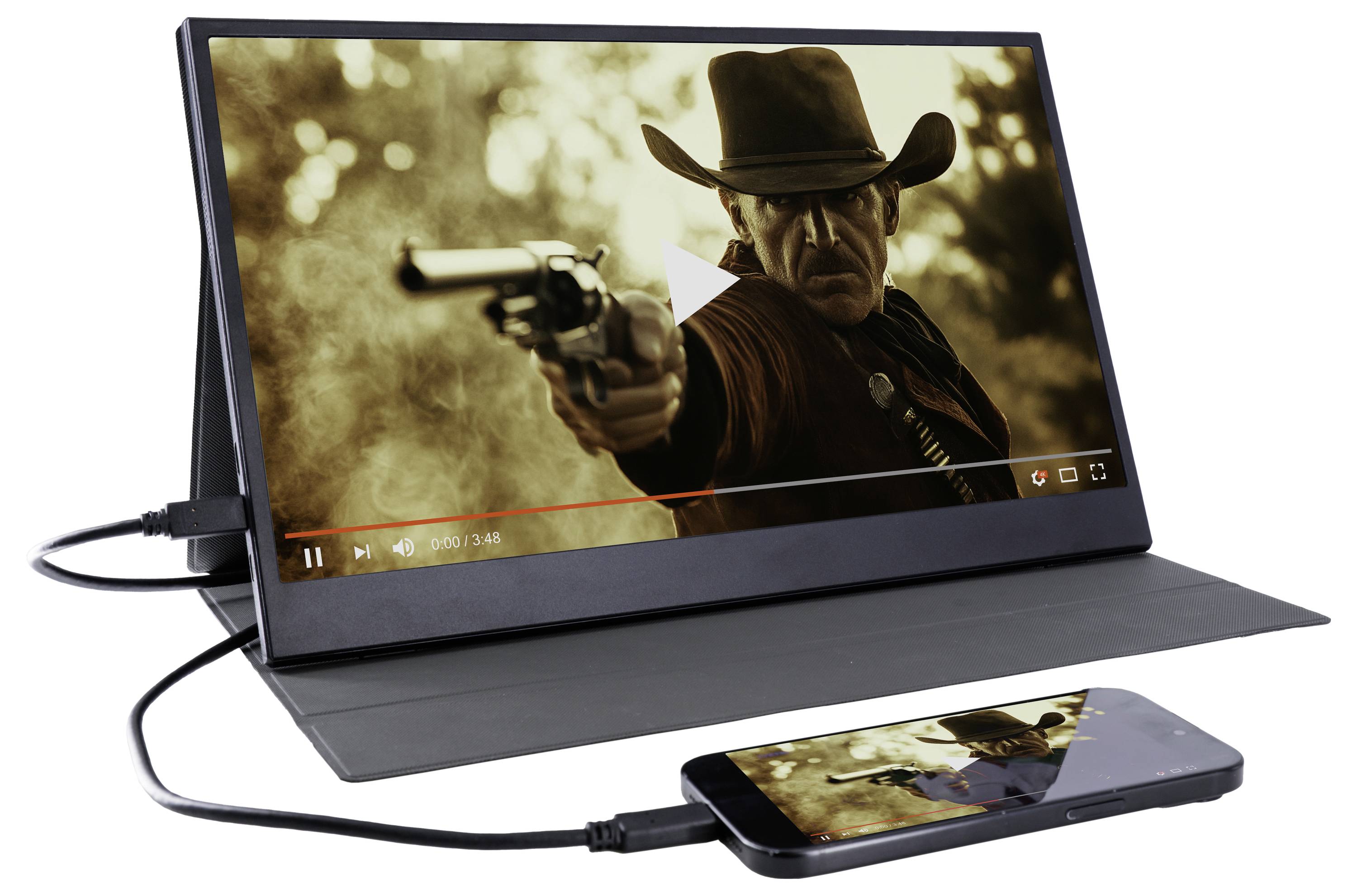 Ein Video eines Cowboys mit Hut, der eine Waffe zielt, wird auf einem tragbaren Monitor angezeigt, der mit einem Smartphone verbunden ist, wobei beide dasselbe Bild zeigen.