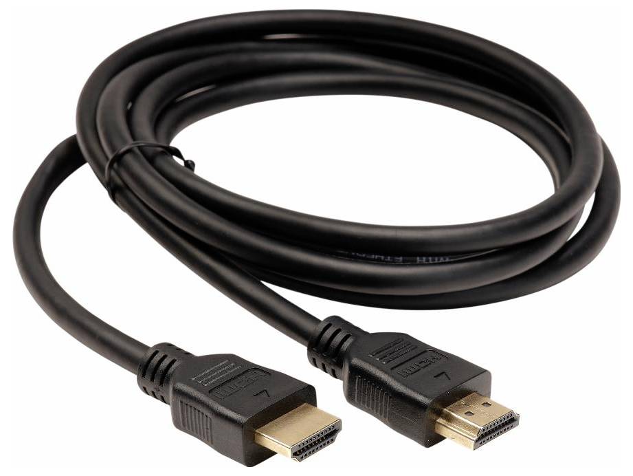 Ein schwarzes HDMI-Kabel mit zwei Anschlüssen ist zu einer lockeren Schlaufe gewickelt, wobei an beiden Enden standardmäßige HDMI-Stecker für Männchen zu sehen sind.