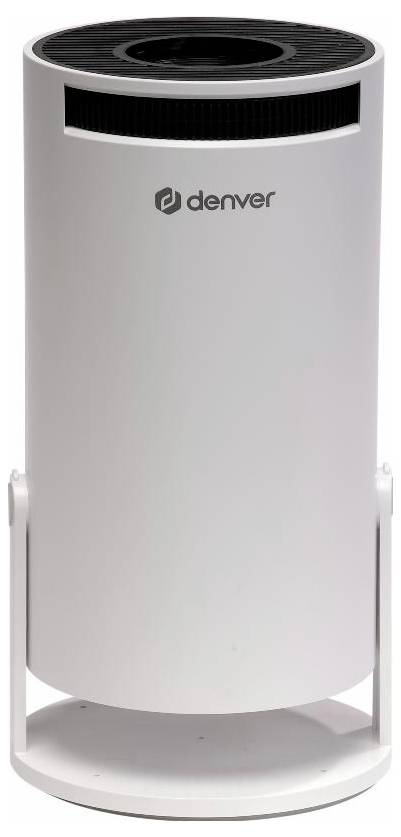 Ein weißer, aufrecht stehender Luftreiniger mit einer zylindrischen Form hat eine kompakte Basis und eine schwarze Oberseite mit Lüftungsöffnung. Die Marke 'denver' ist in der Mitte angebracht.