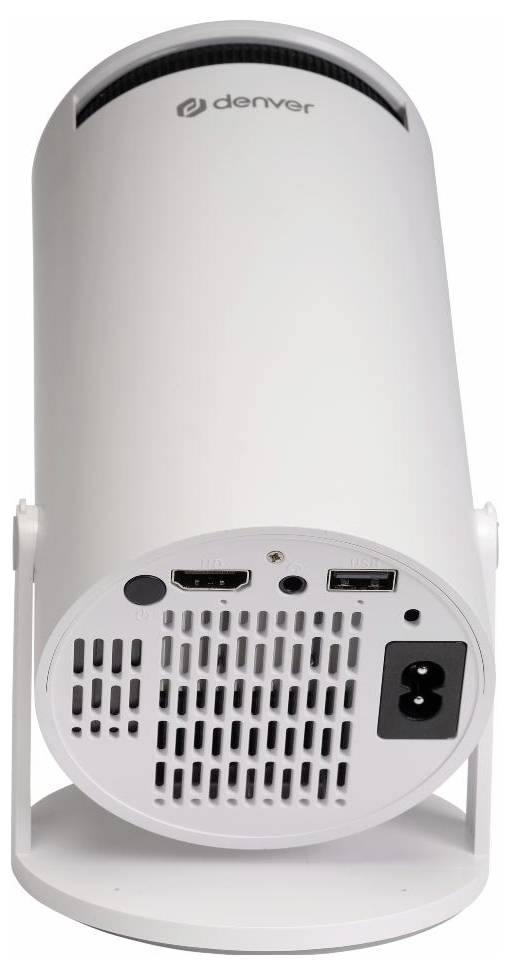 Ein weißer Lautsprecher oder Projektor mit Denver-Logo, der auf der Rückseite HDMI-, USB-Anschlüsse und einen Stromanschluss aufweist.