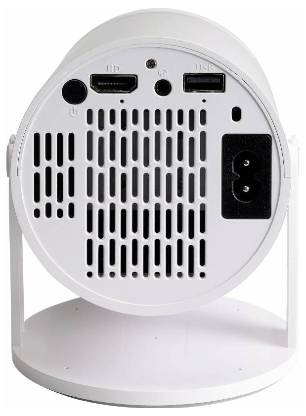 Rückansicht eines weißen elektronischen Geräts mit HDMI-Anschluss, USB-Anschluss, Lüftungsschlitzen, Einschaltknopf und Stromanschluss.