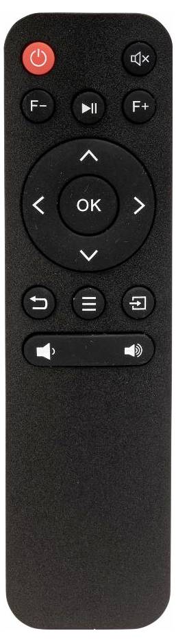 Eine schwarze TV-Fernbedienung mit Tasten für Ein/Aus, Menünavigation, Wiedergabe/Pause, Lautstärkeregelung und zusätzlichen Funktionen.