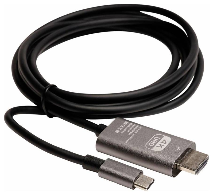 Ein aufgerolltes USB-C zu HDMI-Kabel mit der Beschriftung '4K UHD', zum Anschluss von Geräten an Bildschirme mit hoher Auflösung.