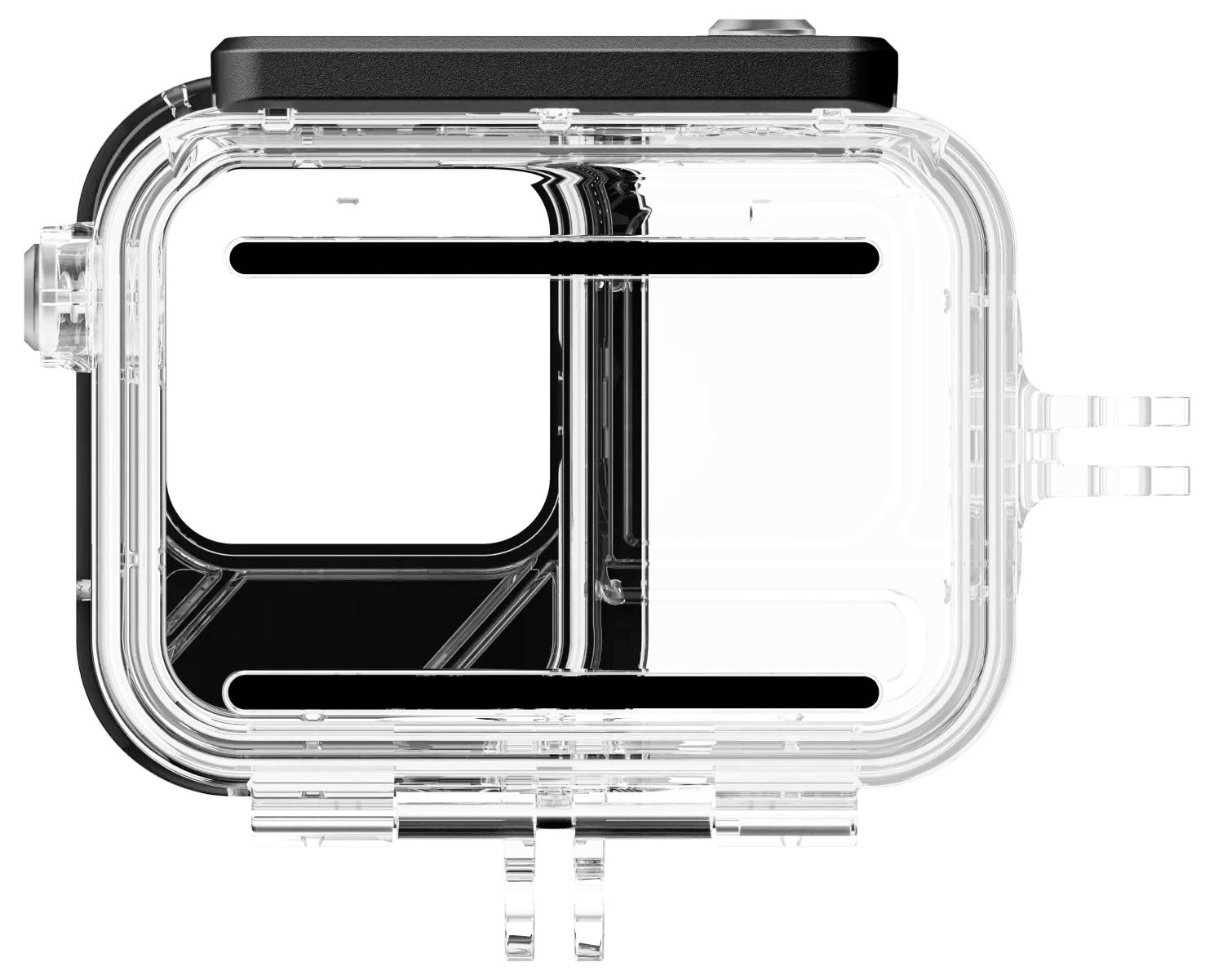 Ein transparentes Schutzgehäuse für Kameras mit einem schwarzen horizontalen Trennelement, das entwickelt wurde, um das Gerät sicher vor Wasser und Stößen zu schützen.