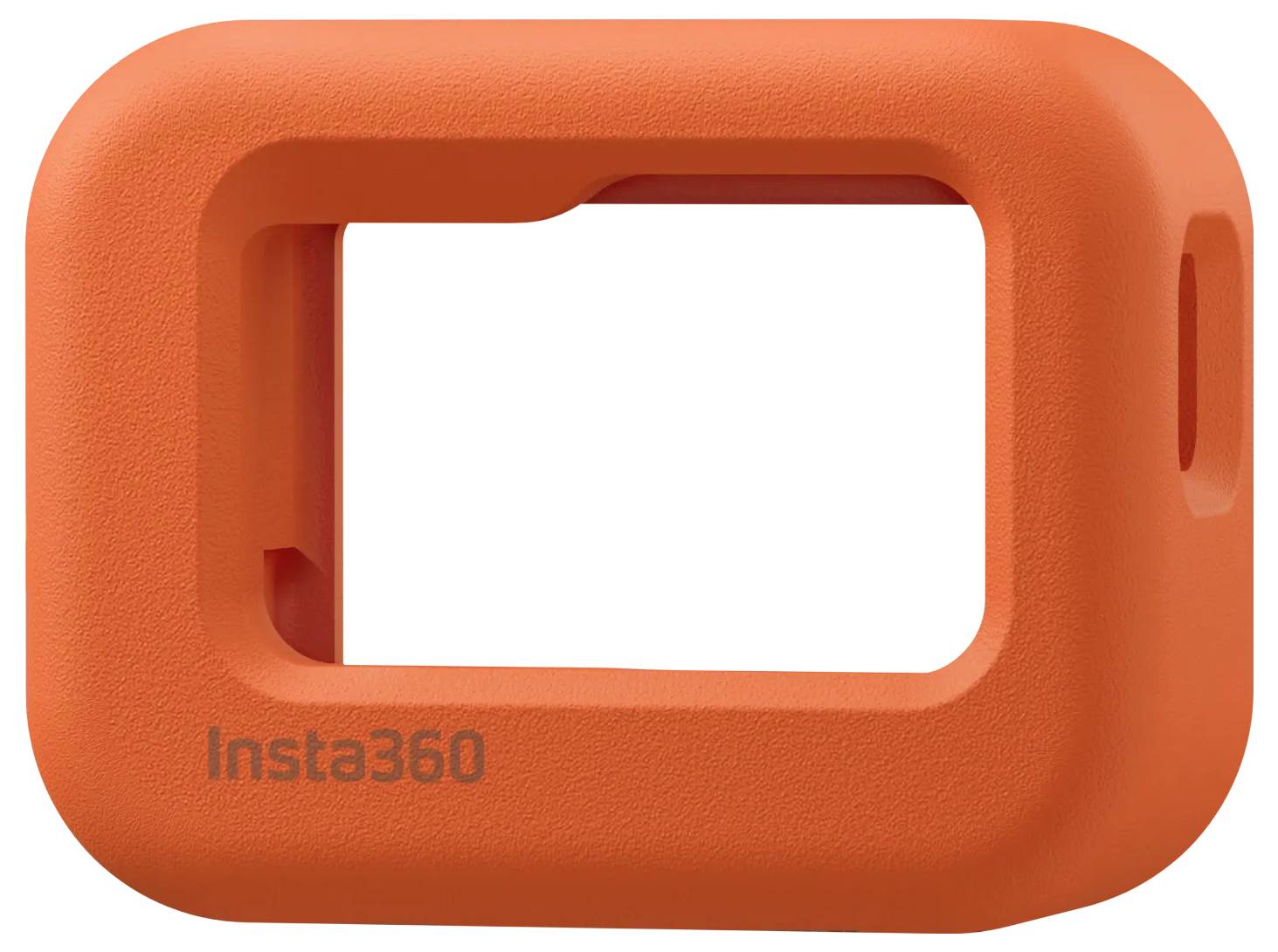 Orange Insta360 Silikon-Schutzhülle, die entwickelt wurde, um eine Kamera zu umhüllen und zu schützen, mit einer offenen Vorder- und Seitenseite für Linsen- und Tasterzugang.