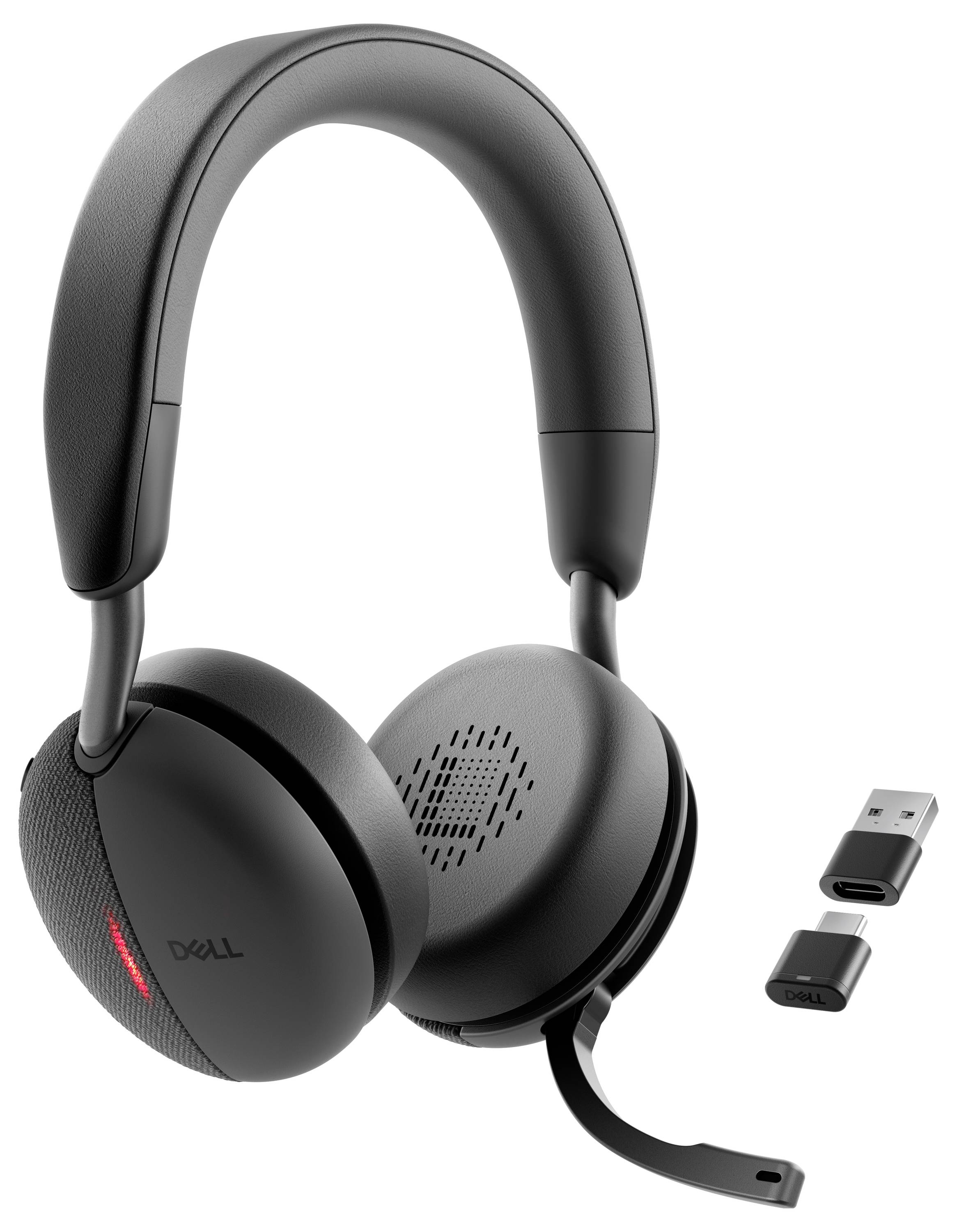 Ein schwarzes Over-Ear-Headset mit Mikrofon, ausgestattet mit einem USB-Dongle und Adapter, entwickelt für drahtlose Audioverbindungen.