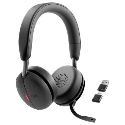 Ein schwarzes Over-Ear-Headset mit Mikrofon, ausgestattet mit einem USB-Dongle und Adapter, entwickelt für drahtlose Audioverbindungen.