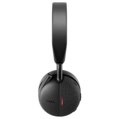 Schwarze Dell Over-Ear-Kopfhörer mit Bluetooth-Technologie, ausgestattet mit einem gepolsterten Kopfbügel, versehen mit einer stoffartigen Textur an den Ohrmuscheln und einer roten Anzeige-LED.